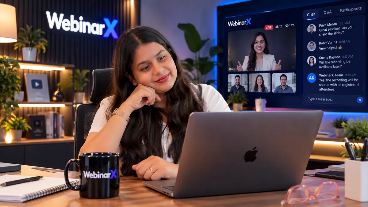 The WebinarX co-founder at her desk during a live session